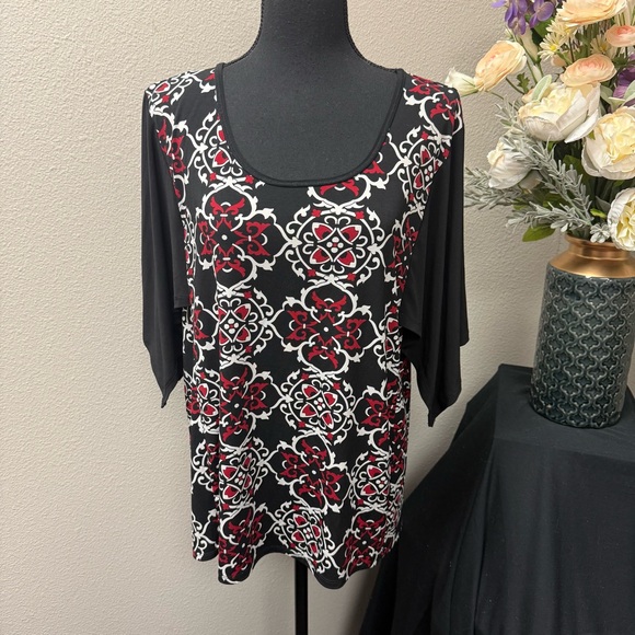 Cato Tops - Cato Black Red White Geometric Floral Print Top L | Stretchy Casual Fall Blouse